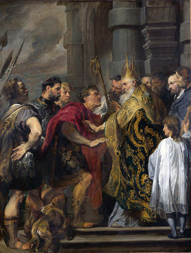Santo Ambrósio impedindo Teodósio de assistir à missa. Tela de Antoon Van Dyck