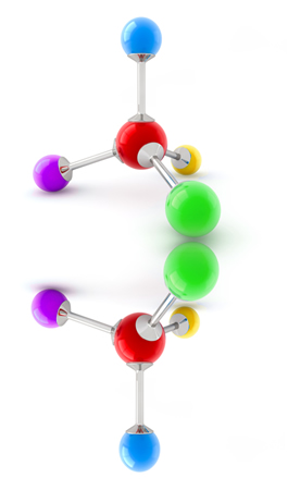 O carbono quiral possui todos os ligantes diferentes e seu isômero é exatamente a sua imagem especular
